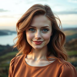A portrait of a woman with soft, natural facial features radiating warmth and kindness