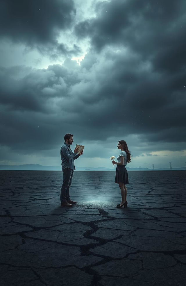 A surreal, emotional scene depicting a heartbroken couple standing in a desolate landscape