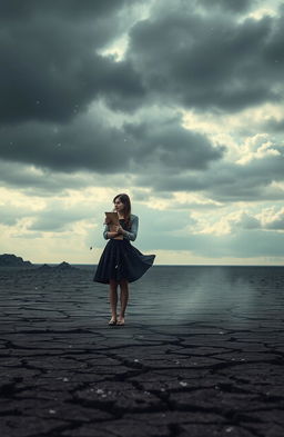 A surreal, emotional scene depicting a heartbroken couple standing in a desolate landscape
