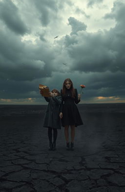 A surreal, emotional scene depicting a heartbroken couple standing in a desolate landscape