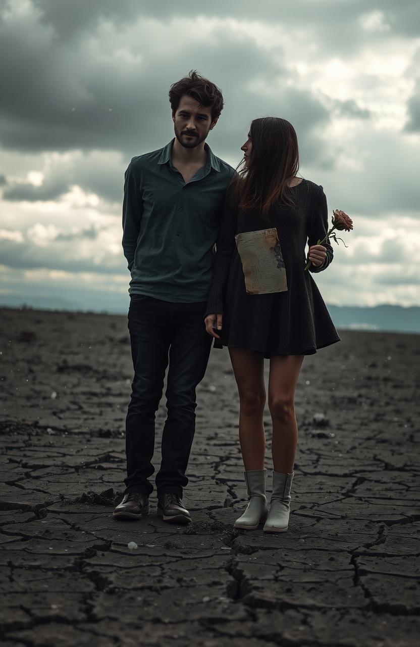 A surreal, emotional scene depicting a heartbroken couple standing in a desolate landscape