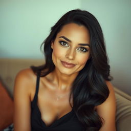 A 35-year-old woman in a half-body pose, sitting elegantly