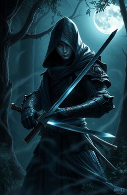 A shadow warrior in a dark, mystical forest, wearing a sleek, black armor with intricate designs