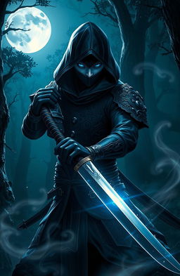 A shadow warrior in a dark, mystical forest, wearing a sleek, black armor with intricate designs