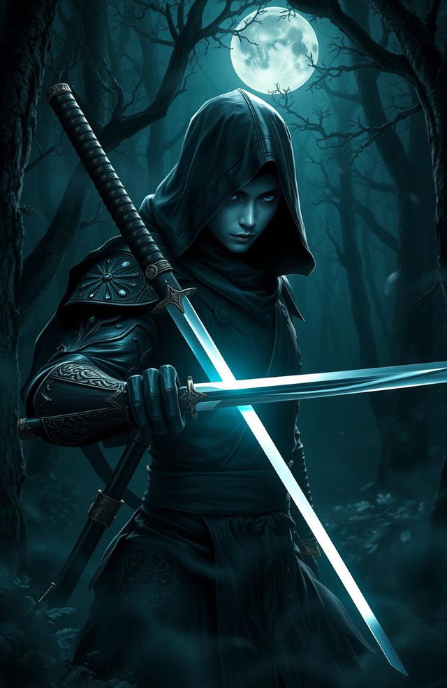 A shadow warrior in a dark, mystical forest, wearing a sleek, black armor with intricate designs