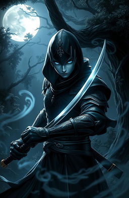 A shadow warrior in a dark, mystical forest, wearing a sleek, black armor with intricate designs