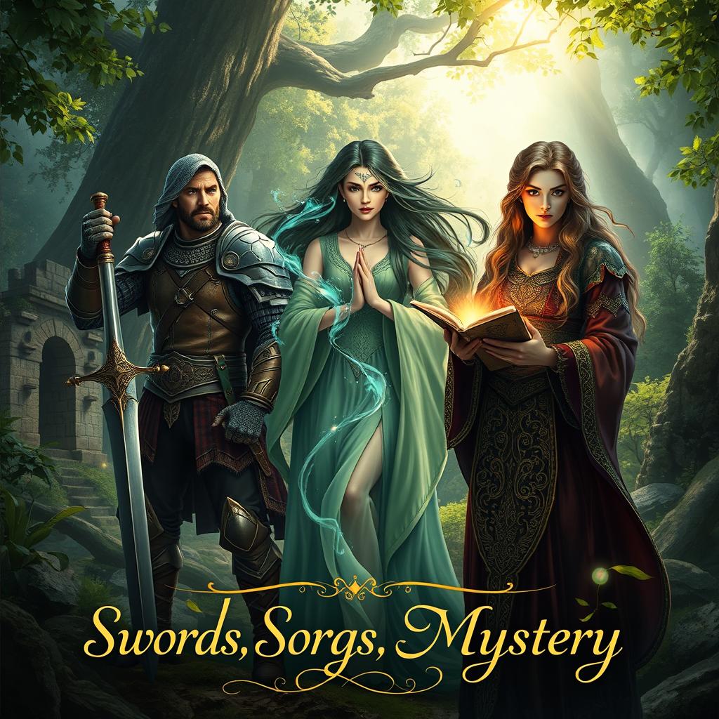 A fantasy adventure novel cover titled 'Swords, Songs and Mystery'