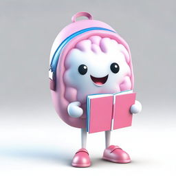 Generate a 3D image of an adorable brain character equipped with a school backpack and holding school books.