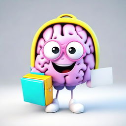 Generate a 3D image of an adorable brain character equipped with a school backpack and holding school books.