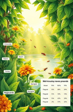 A detailed and vibrant illustration showcasing various medicinal plants known for their effectiveness in repelling mosquito larvae