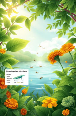 A detailed and vibrant illustration showcasing various medicinal plants known for their effectiveness in repelling mosquito larvae