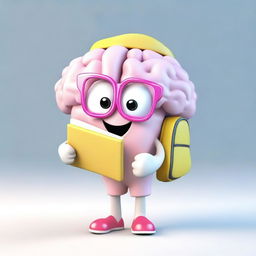 Generate a 3D image of an adorable brain character equipped with a school backpack and holding school books.