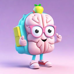 Generate a 3D image of an adorable brain character equipped with a school backpack and holding school books.