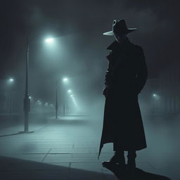 A mysterious shadow man standing in an urban environment at night