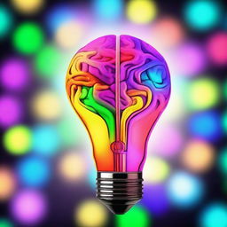 Generate a 3D image of a glowing light bulb with a vibrant and colorful brain inside.