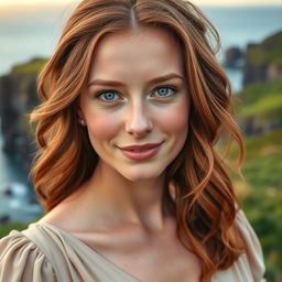 A woman with delicate and natural facial features that radiate elegance and warmth
