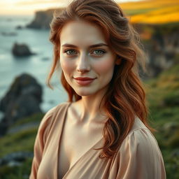 A woman with delicate and natural facial features that radiate elegance and warmth