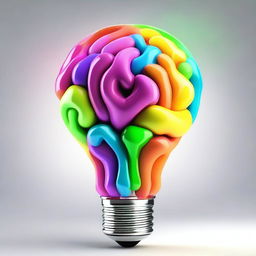 Generate a 3D image of a glowing light bulb with a vibrant and colorful brain inside.