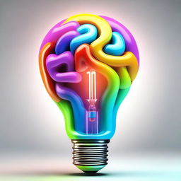 Generate a 3D image of a glowing light bulb with a vibrant and colorful brain inside.