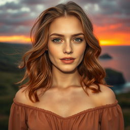 A woman with expressive facial features that blend naturalness with hidden passion