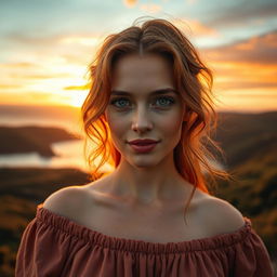 A woman with expressive facial features that blend naturalness with hidden passion