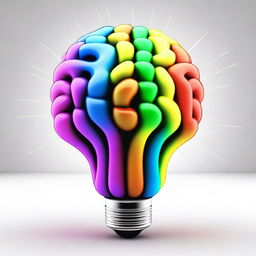 Generate a 3D image of a glowing light bulb with a vibrant and colorful brain inside.