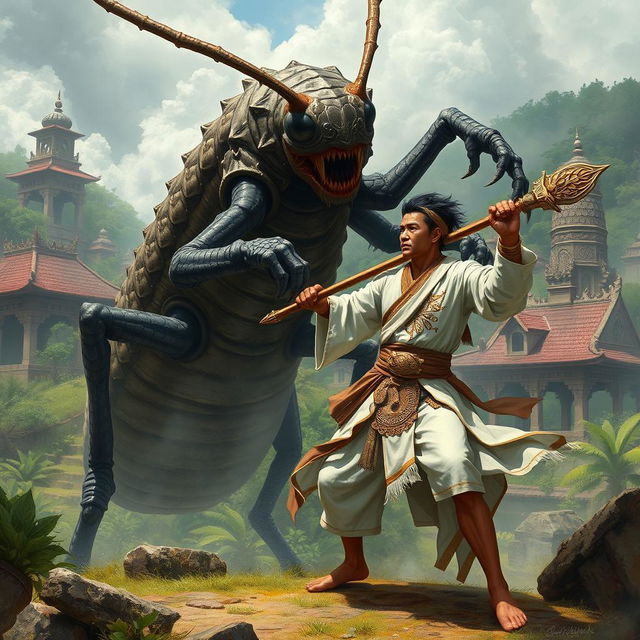 A fierce battle scene illustrating a man from the Majapahit Empire, dressed in traditional white attire, standing valiantly as he defeats a fearsome demon grasshopper