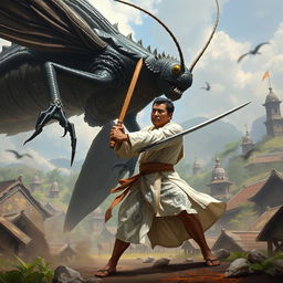 A fierce battle scene illustrating a man from the Majapahit Empire, dressed in traditional white attire, standing valiantly as he defeats a fearsome demon grasshopper