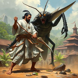 A fierce battle scene illustrating a man from the Majapahit Empire, dressed in traditional white attire, standing valiantly as he defeats a fearsome demon grasshopper