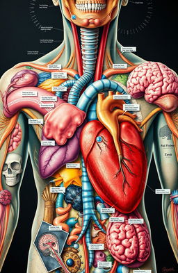 A visually rich and creative depiction of human pathophysiology showcasing various diseases and conditions