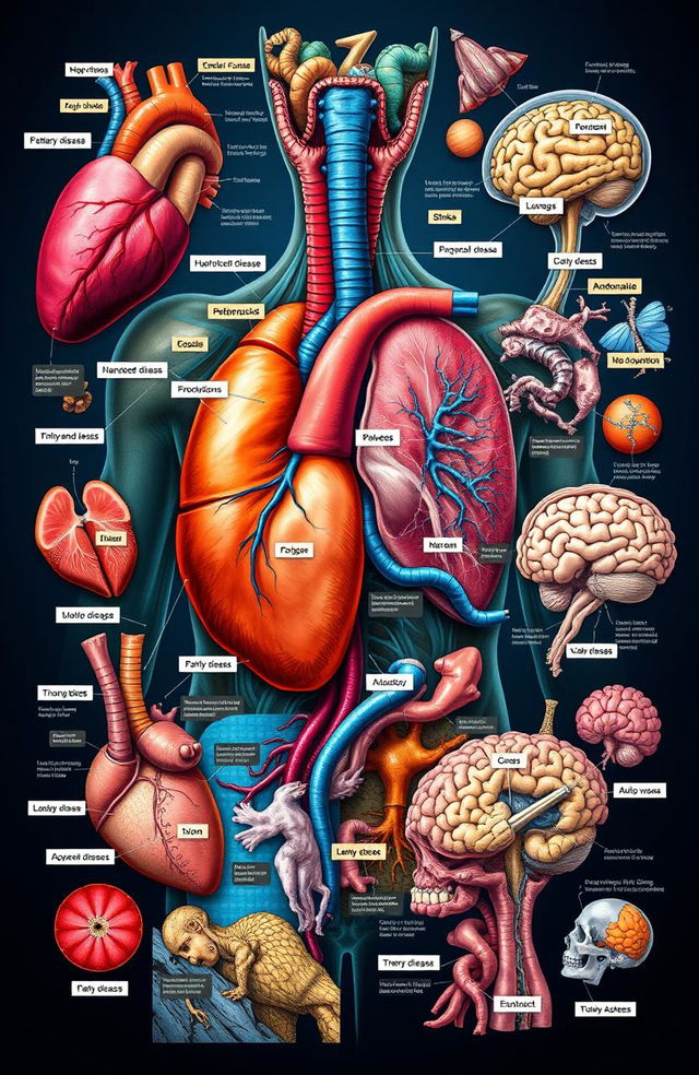 A visually rich and creative depiction of human pathophysiology showcasing various diseases and conditions