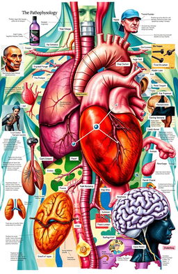 A visually rich and creative depiction of human pathophysiology showcasing various diseases and conditions