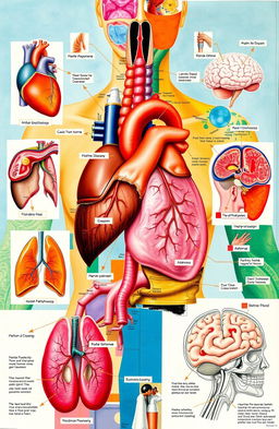 A visually rich and creative depiction of human pathophysiology showcasing various diseases and conditions