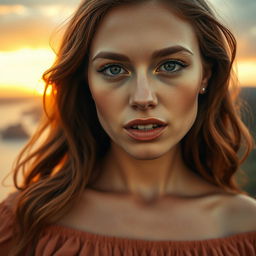 A woman biting her lower lip, exhibiting expressive facial features that blend naturalness with hidden passion