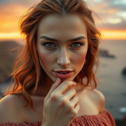 A woman biting her lower lip, exhibiting expressive facial features that blend naturalness with hidden passion