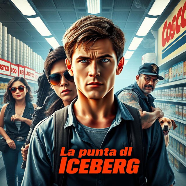 An action movie poster titled 'La punta del Iceberg', featuring a young white male hero in the foreground with a young black male character wearing sunglasses beside him