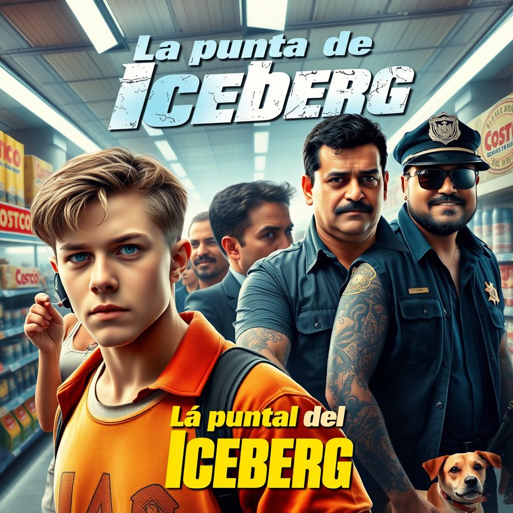 An action movie poster titled 'La punta del Iceberg', featuring a young white male hero in the foreground with a young black male character wearing sunglasses beside him