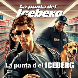 An action movie poster titled 'La punta del Iceberg', featuring a young white male hero in the foreground with a young black male character wearing sunglasses beside him