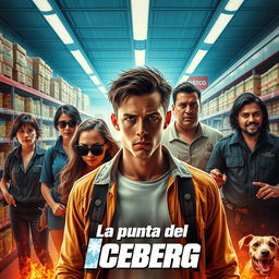 An action movie poster titled 'La punta del Iceberg', featuring a young white male hero in the foreground with a young black male character wearing sunglasses beside him