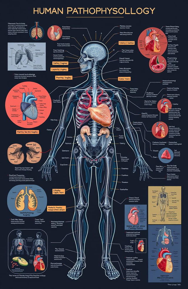 An intricate and detailed visual representation of human pathophysiology, showcasing various diseases and their physiological effects on the body