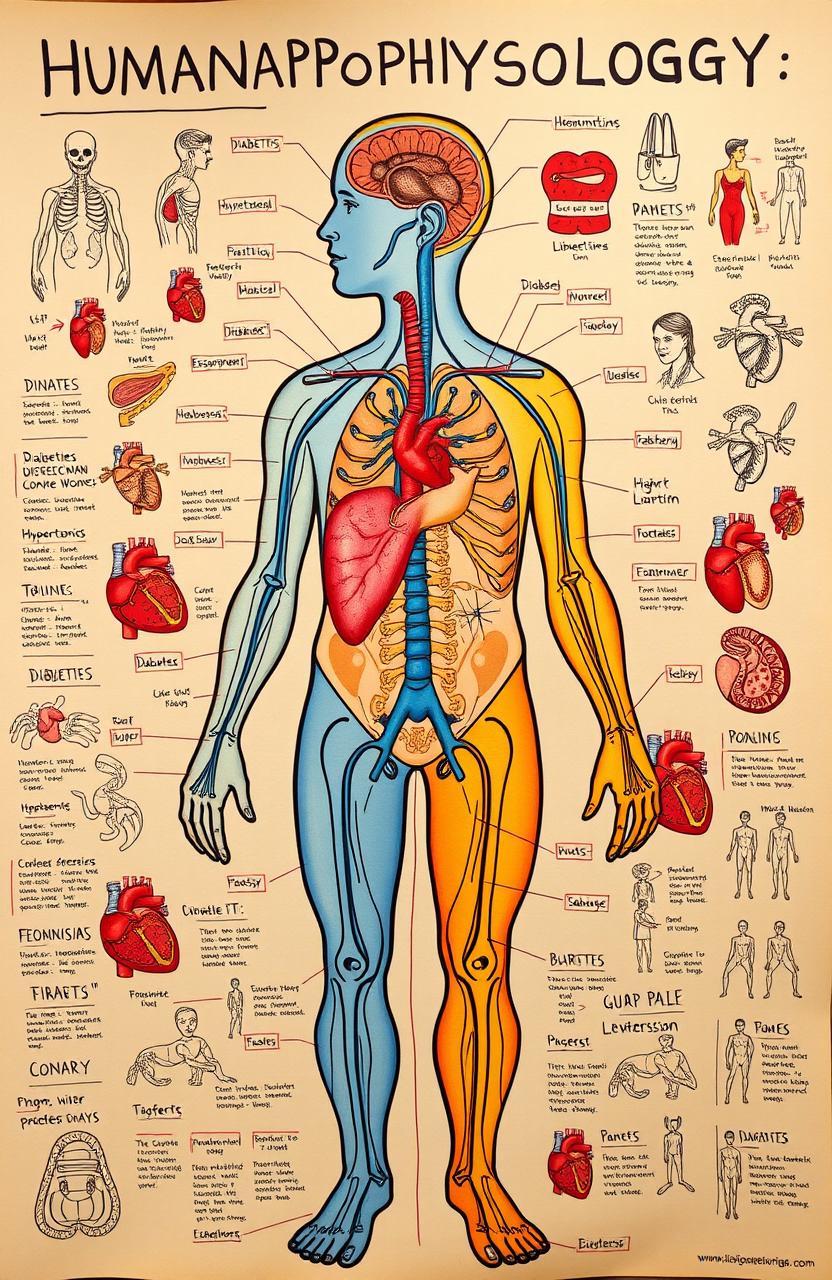 An intricate and detailed visual representation of human pathophysiology, showcasing various diseases and their physiological effects on the body