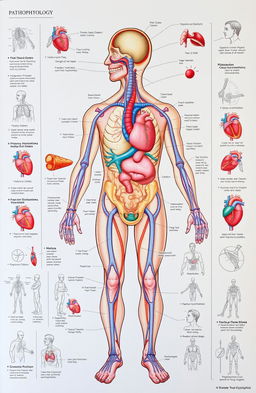 An intricate and detailed visual representation of human pathophysiology, showcasing various diseases and their physiological effects on the body