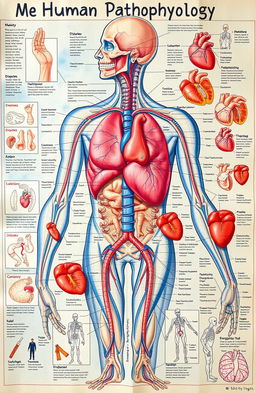 An intricate and detailed visual representation of human pathophysiology, showcasing various diseases and their physiological effects on the body