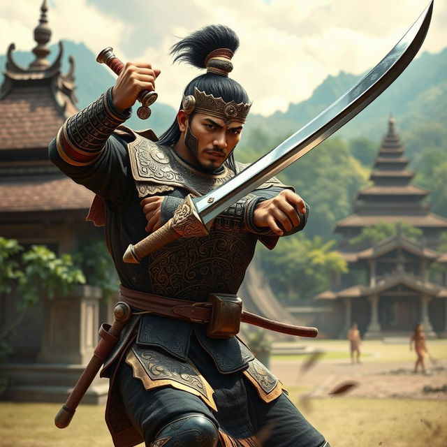 A stunning depiction of a swordsman from the Majapahit Empire, showcasing him in a dynamic, action-packed pose