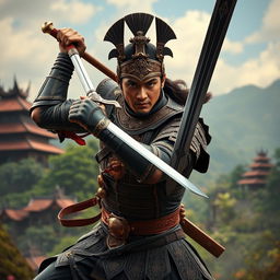 A stunning depiction of a swordsman from the Majapahit Empire, showcasing him in a dynamic, action-packed pose