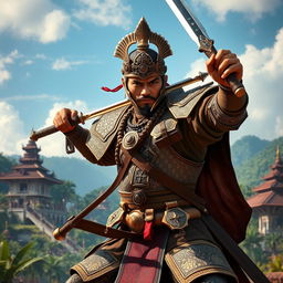 A stunning depiction of a swordsman from the Majapahit Empire, showcasing him in a dynamic, action-packed pose