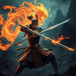 An intense and dramatic scene depicting a swordsman from the Majapahit Empire locked in combat with a fire ghost