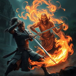 An intense and dramatic scene depicting a swordsman from the Majapahit Empire locked in combat with a fire ghost