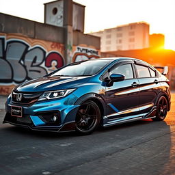 A sleek and stylish modified Honda City GM6, showcasing its sporty design with an aggressive body kit, lowered suspension, and custom alloy wheels