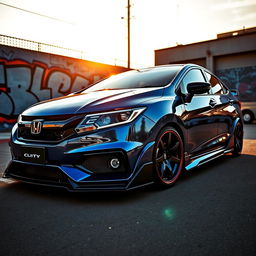 A sleek and stylish modified Honda City GM6, showcasing its sporty design with an aggressive body kit, lowered suspension, and custom alloy wheels